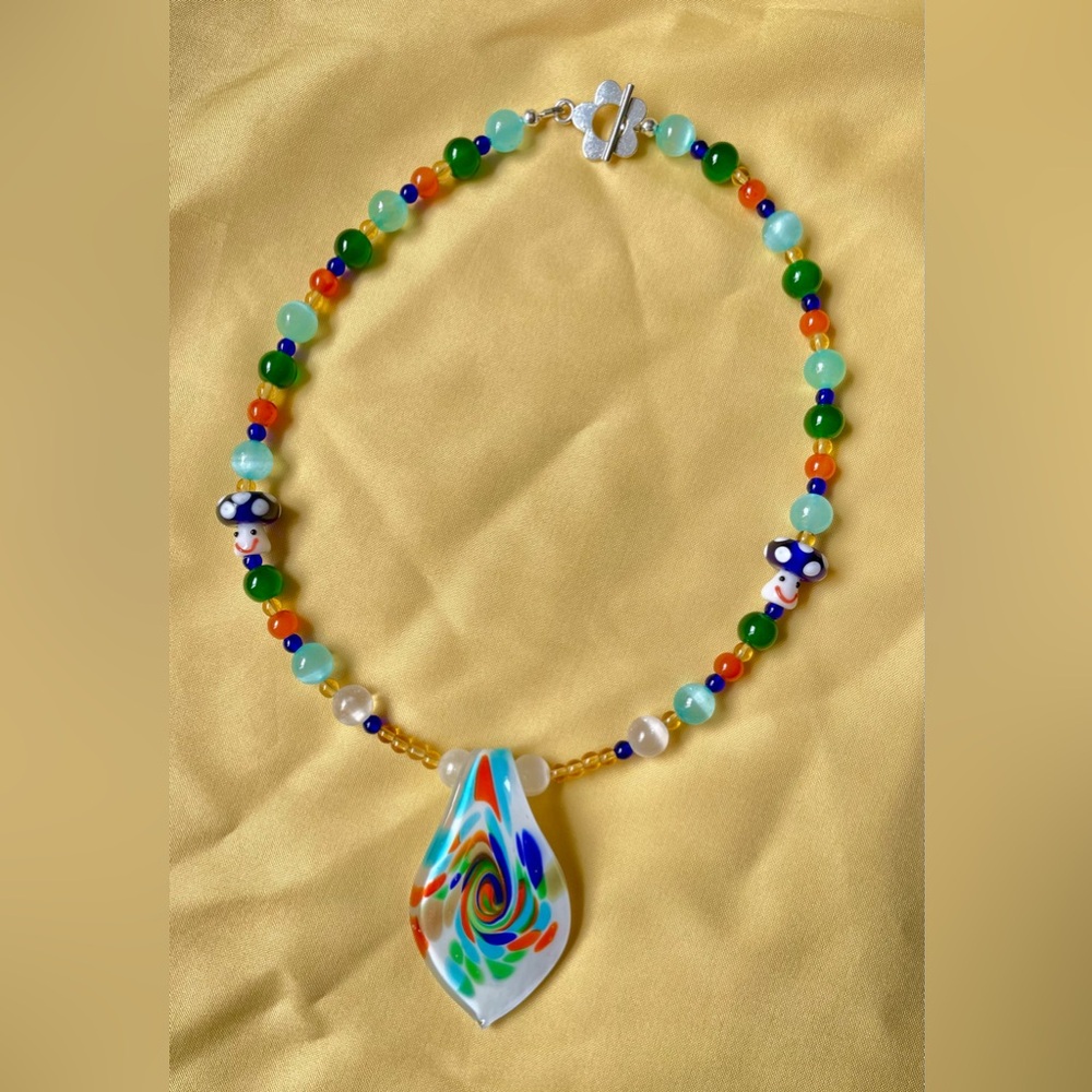 Handmade Psychedelic Beaded Glass Murano Pendant Necklace